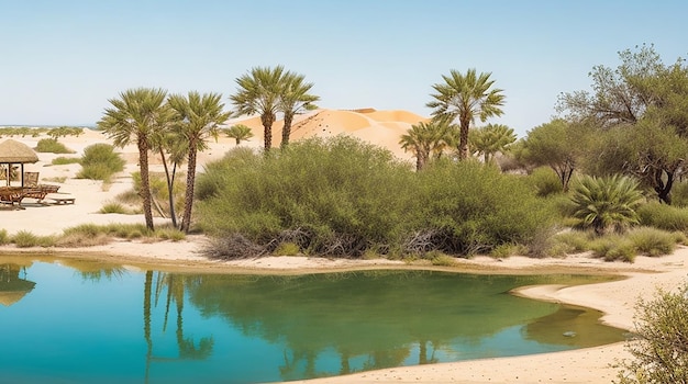 Спокойный оазис, окруженный песчаными дюнами и древними руинами
