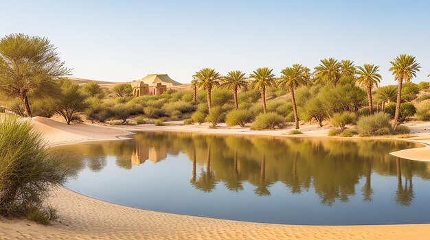 A tranquil oasis surrounded by sand dunes and ancient ruins