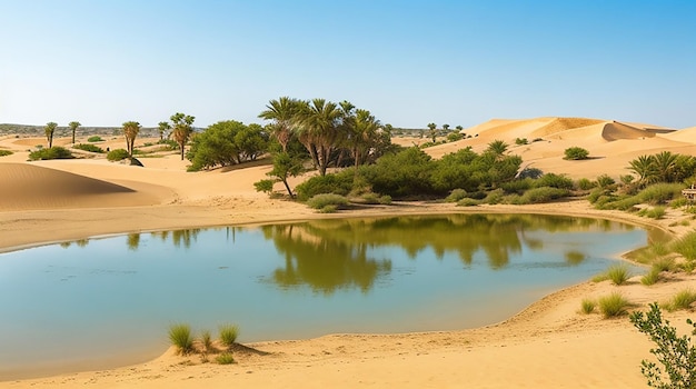 A tranquil oasis surrounded by sand dunes and ancient ruins