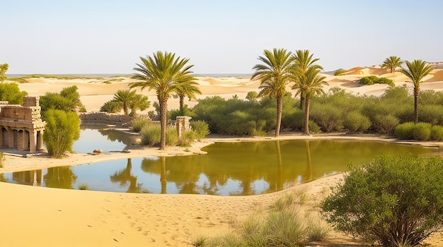 A tranquil oasis surrounded by sand dunes and ancient ruins