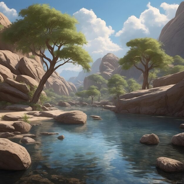 Tranquil Oasis Water Rocks and Trees