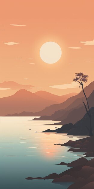 Photo tranquil ocean sunset minimalistic mobile wallpaper with deserts and trees