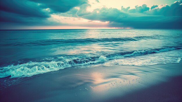 Tranquil ocean waves under a cloudy sunset sky