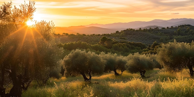 Tranquil olive grove at sunset warm golden light and peaceful nature scene idyllic rural landscape AI