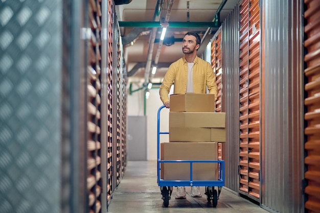 Tranquil order picker wheeling the platform cart along cargo\
containers