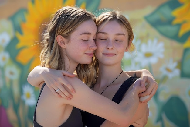 Tranquil Outdoor Scene with Twin Sisters Embracing Among Sunflowers Symbolizing Love and Harmony