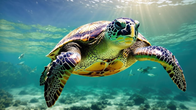 Tranquil Pacific Odyssey Een majestueuze groene zeeschildpad die door helder water glijdt