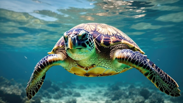 Tranquil Pacific Odyssey A Majestic Green Sea Turtle Gliding Through Clear Waters