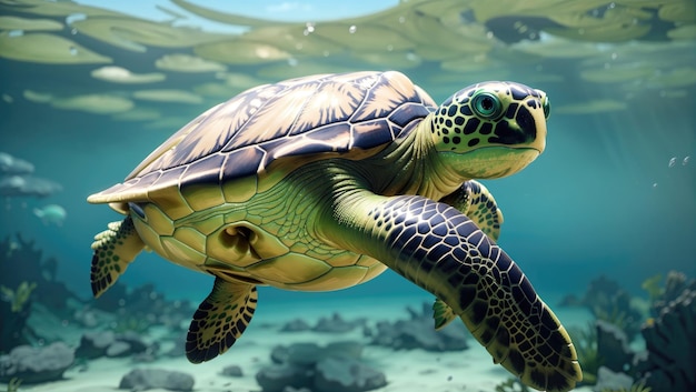 Tranquil Pacific Odyssey A Majestic Green Sea Turtle Gliding Through Clear Waters