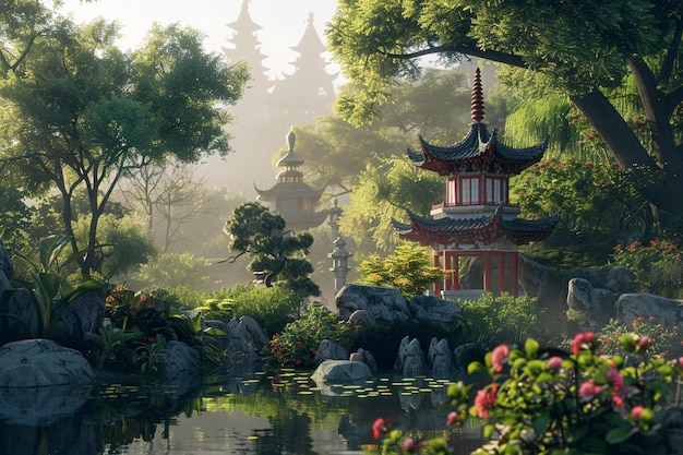 Tranquil pagoda nestled in a lush garden octane re