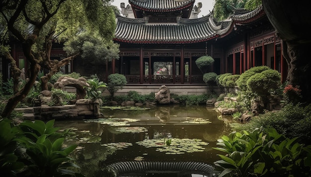 Tranquil pagoda reflects in peaceful pond water generated by AI