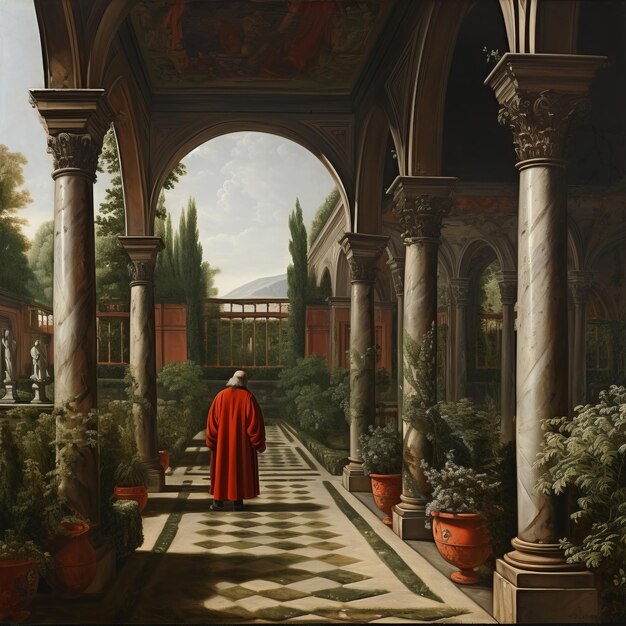 Photo the tranquil passage a catholic cardinal strolls through a colonnade in a 17th century realism oil