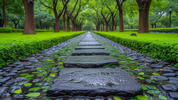 Tranquil path in rainy park with lush green trees and wet stones