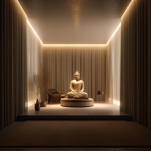 A tranquil and peaceful buddhist meditation room with soft lighting and a statuesque buddha statue