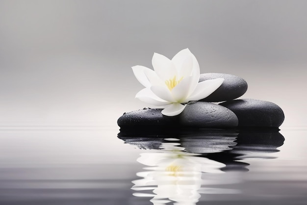 A tranquil photo of a white lotus blossom reflecting in still water creating an atmosphere of zen for massage or meditation