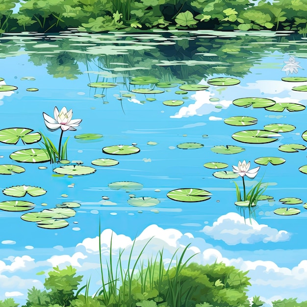 Tranquil pond reflecting a clear blue sky