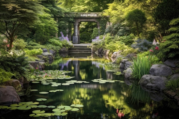 Tranquil pond reflecting serene zen garden created with generative ai