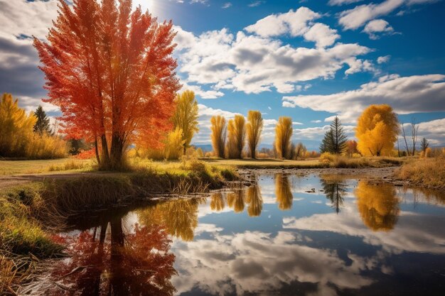 Photo tranquil pond reflecting the vibrant colors of autumn