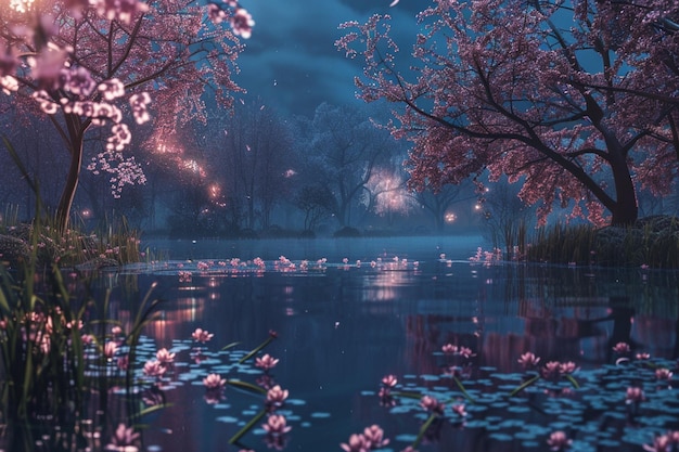 A tranquil pond surrounded by cherry blossom trees