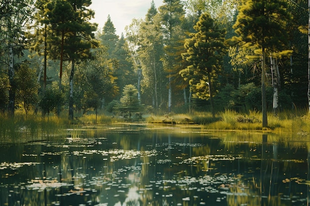 A tranquil pond surrounded by tall trees and wildl