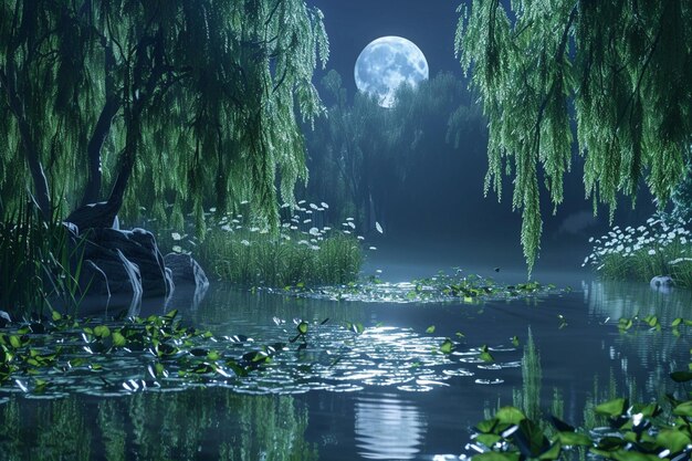 Photo tranquil pond surrounded by weeping willows and wa