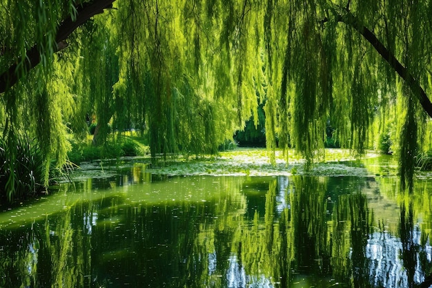 Tranquil Pond Surrounded By Weeping Willows