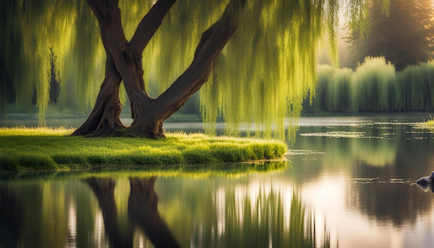 Photo a tranquil pond surrounded by weeping willows