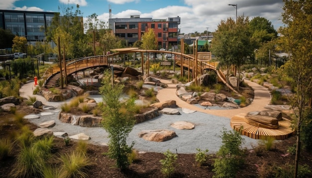 Foto tranquil pond weerspiegelt moderne architectuur in een natuurlijke omgeving gegenereerd door kunstmatige intelligentie