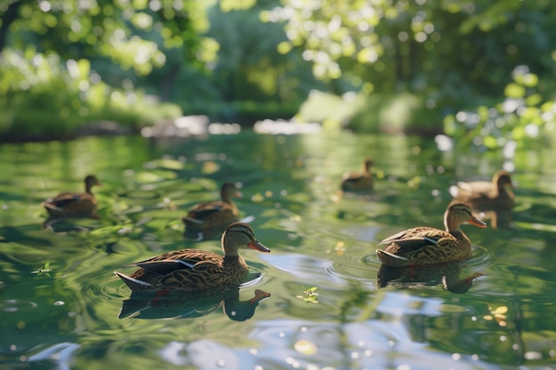 A tranquil pond with ducks swimming lazily