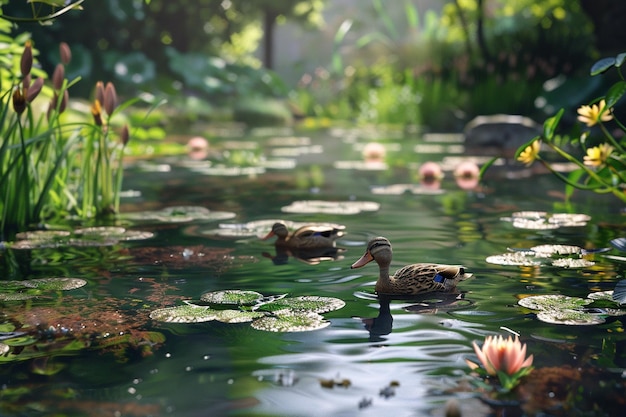 Foto uno stagno tranquillo con anatre e gigli d'acqua