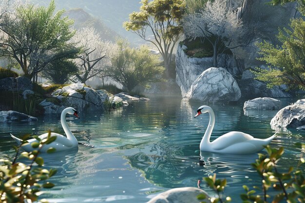 A tranquil pond with graceful swans