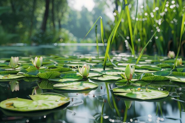 A tranquil pond with lily pads floating on the sur