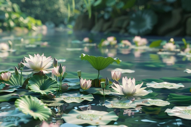 A tranquil pond with lotus flowers in bloom