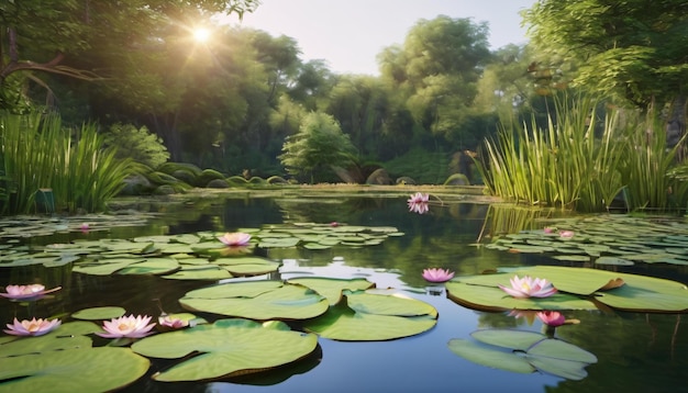 Foto uno stagno tranquillo con gigli d'acqua e libellule