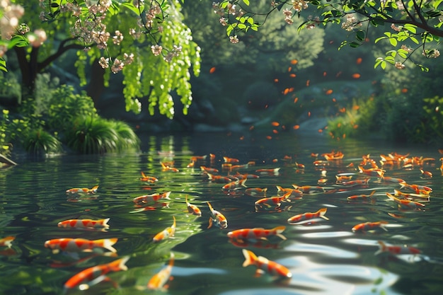 Спокойные пруды, наполненные красочными рыбами