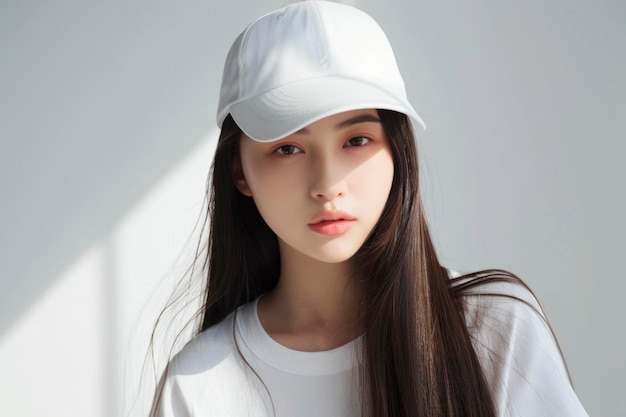 Фото Спокойный портрет молодой азиатской женщины в белой шапке с игрой света и тени, усиливающей ее спокойное выражение лица