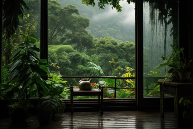 居心地の良い部屋から静かな雨林の景色