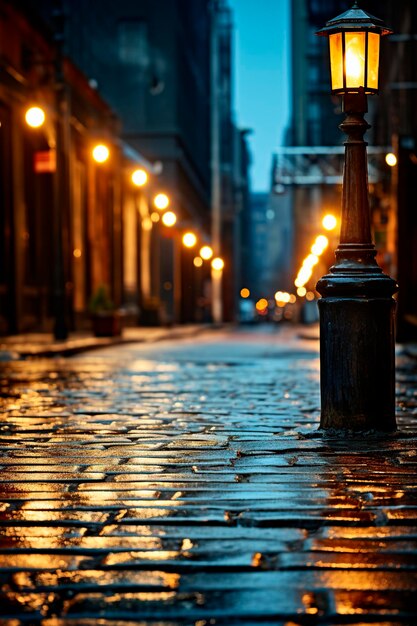 Tranquil Rainy Evening in the City Cobblestone Streets Aglow