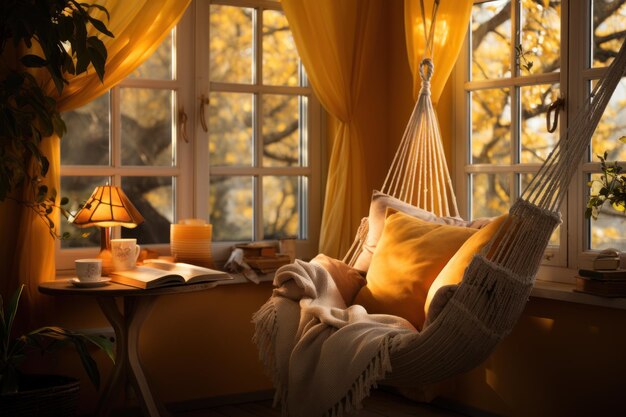 Photo tranquil reading nook in a hammock with tea hygge concept