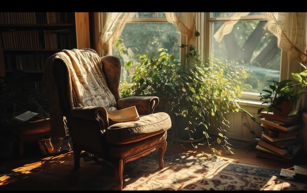 Foto un tranquillo angolo di lettura con la luce del mattino