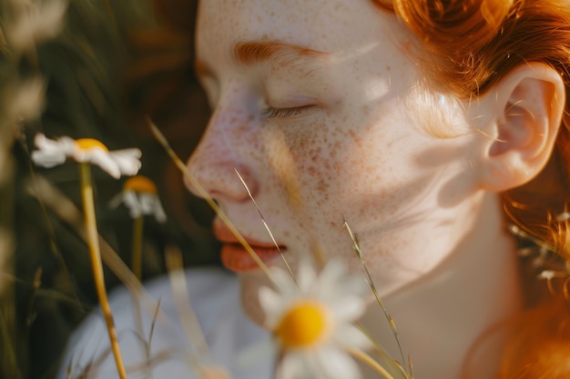 Tranquil Redhead with Freckles Amongst Summer Daisies