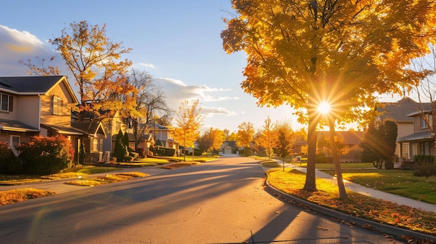 Tranquil residential road lined with homes and amber foliage during twilight