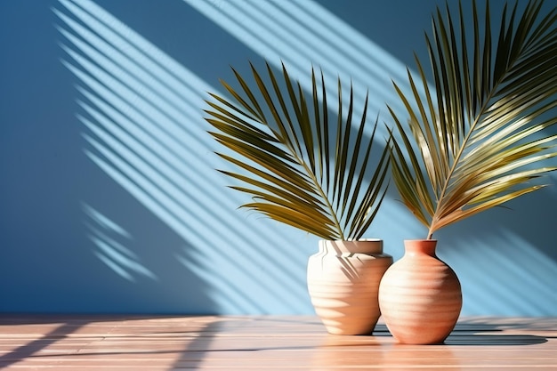 Tranquil Retreat Coconut Palm Leaf Casting Shade on a Blue Wall Serenity Generative AI를 불러일으키는 푸른 벽