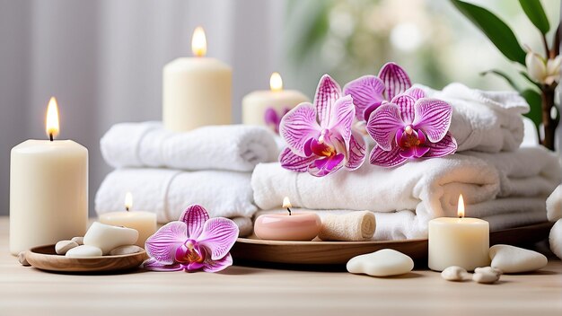 Foto tranquil retreat spa tafel met kaarsen handdoeken en orchidee