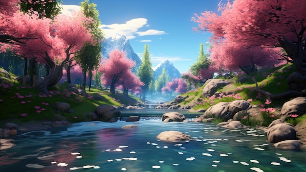 A tranquil river flowing through a blossoming forest