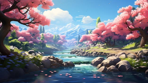 A tranquil river flowing through a blossoming forest