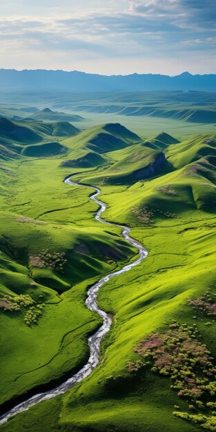 Tranquil River Flowing Through Green Hills Of Kazakhstan