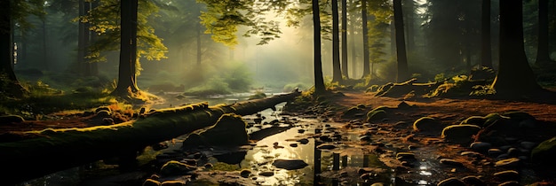 A Tranquil River in the Middle of the Forest with Penetrating Sunlight
