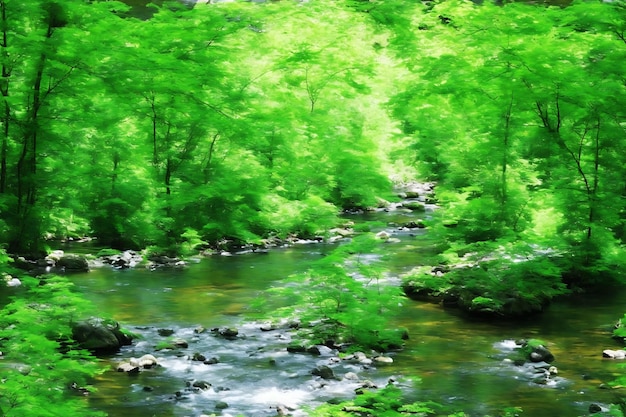 Foto un tranquillo fiume che si snoda attraverso una foresta offre una fresca tregua dal caldo estivo generato da ai