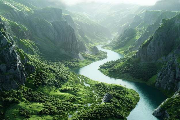 A tranquil river winding through a valley